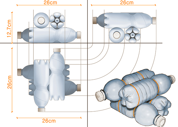 Proposed construction method: Arrangement of the bottles, creation and binding of the brick. agathón