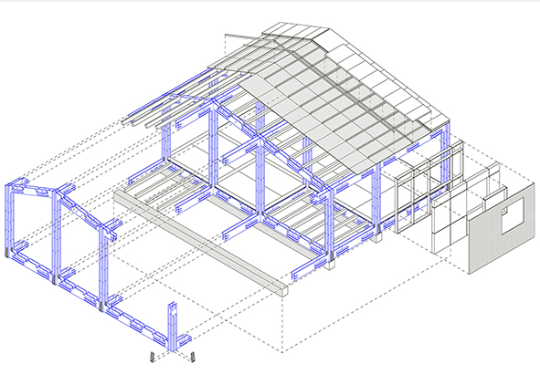 Border and Inside space unit, widespread hotel, axonometric diagram of the construction system and assembly diagram (Ruggiero in Agathón 4 _ 2018)