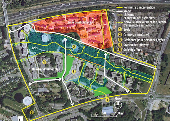 The district of Bout des Landes Bruyères in Nantes: Strategies of intervention for urban security; System of public spaces and green (credits: Le Moniteur, 2012; Germe&jam, 2011). AGATHÓN 07 | 2020