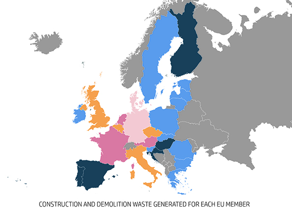 Amount of Construction and Demolition waste for each country (source: AMCS Group, 2016; elaborated by A. Magarò). AGATHÓN 09 | 2021