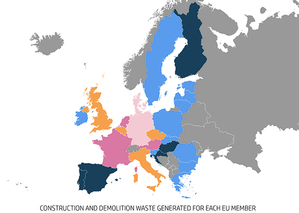 Amount of Construction and Demolition waste for each country (source: AMCS Group, 2016; elaborated by A. Magarò). AGATHÓN 09 | 2021