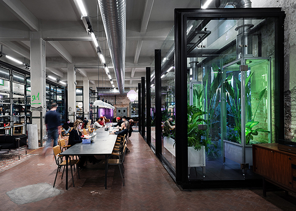 Ex-Manifattura Tabacchi in Florence: the ground floor of building 9 after its temporary accomodation as a venue for socialization, study, gymnastics, handicrafts and sales activities in small stores etc. (credit: MTDM S.r.l.; copyright: A. Martiradonna). AGATHÓN 09 | 2021