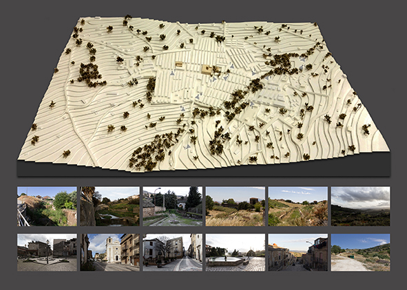Model of the urban territory of Valledolmo and photographs of remarkable places (credit: A. Barracco, LabCity Architecture, 2020). AGATHÓN 10 | 2021