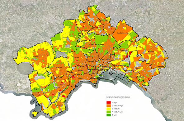 Thematic map of the long-term impact scenario caused by heatwaves on the fuel poverty population in the Municipality of Naples (credit: D'Ambrosio, Di Martino and Rigillo, 2022) – AGATHÓN 11_2022