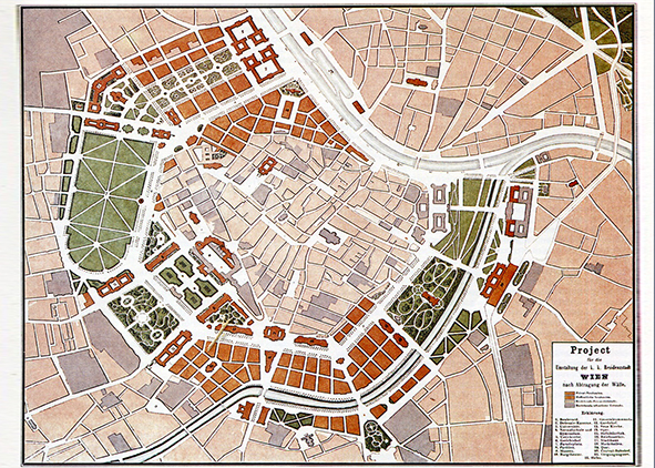 Plan of the ringstrassezone, project presented at the competition of 1858 by E. van der Nüll and A. sicard von sicardsburg (Wurzer, 1986)