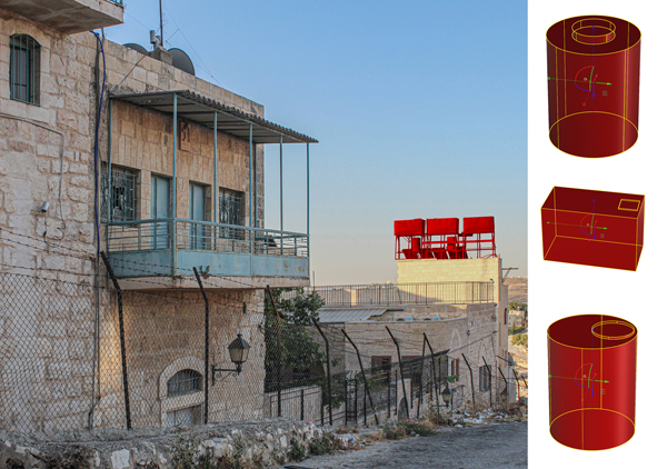 Example of buildings with flat roofs, with visible cisterns and accumulations of objects: in the image, highlighted in red, elevated cisterns and photovoltaic panels placed on the edge of a historic building; on the right, the three-dimensional schematic of the cisterns analyzed (credit: E. Doria, 2022). AGATHÓN 12 | 2022