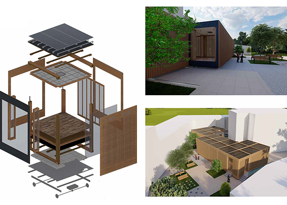 Modular and combinable module designed with Structure/Envelope (S/E) technology and re¬versibility principles (credit: D. Besana, 2023). AGATHÓN 14 | 2023