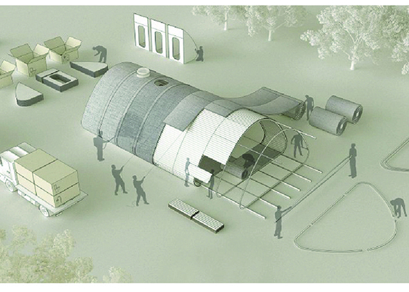 Conceptual Image of the set-up process of an Essential Home unit; A sketch of the Nissen hut as part of the patent application filed by Norman Peter Nissen in 1917 (credits: Norman Foster Foundation; US Patent Office, 2023). AGATHÓN 14 | 2023