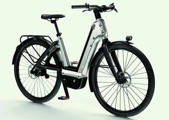 Roetz Life modular electric bicycle, urban-bike version; Components and main modules (frame ‘a’; battery ‘b’; wheel ‘c’; transmission ‘d’; brakes ‘e’) that make up the architecture of the bicycle (credits: Roetz-Bikes). AGATHÓN 14 | 2023