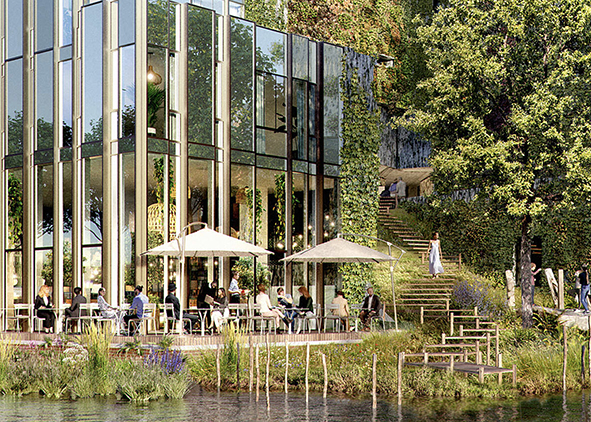 RIF Residential Tower – Sluisbuurt Kavel 4° (2021-22), designed by Inside Outside Petra Blaisse: section and and a view of the exterior on the ground floor (credit: Inside Outside Petra Blaisse, 2023). AGATHÓN 15 | 2024