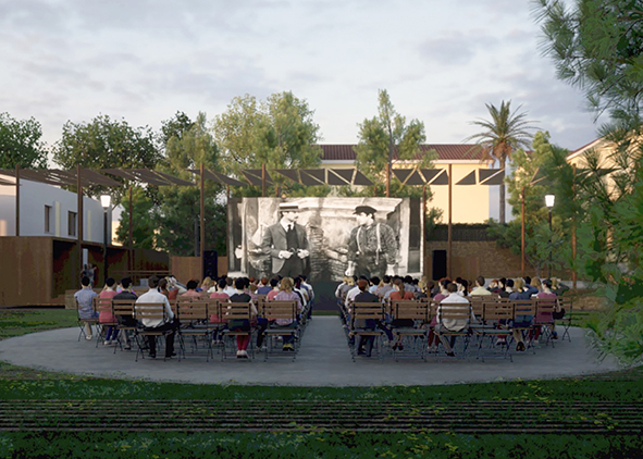 Project for the Lighthouse 7 in Nepi: the current open space is transformed into a flexible furnished garden that hosts public events like an open cinema (credit: Rimond, 2024). AGATHÓN 15 | 2024