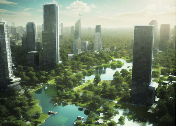 Vision (AI generated) of a hypothetical future Solarpunk (source: WikiMedia Commons, 2023). AGATHÓN 15 | 2024